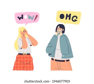 Excited young girls with shock wow and omg reaction. Amazed surprised cartoon female characters with open mouth and surprise emotion on face expression. Vector illustration