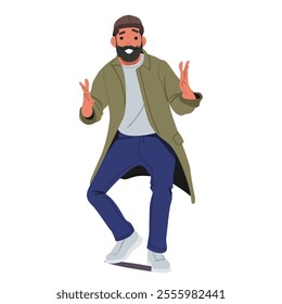 Excited young hipster man wearing trendy outfit posing emotionally gesticulating isolated on white background. Joyful energetic male cartoon character having positive emotion vector illustration