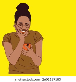 Excited young lady going through her mobile phone messages