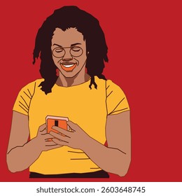 Excited young lady going through her gadget phone