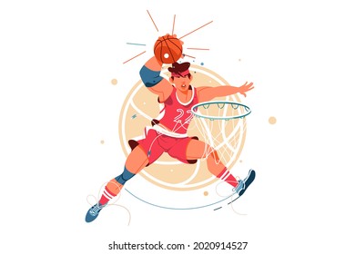 Excited young male basketball player scores goal in jump with ball. Isolated icon concept of man in sport playing in game performs achievement in competition. Vector illustration.