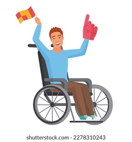 Excited young man with disability holding flag. Happy man sitting in wheelchair vector cartoon illustration