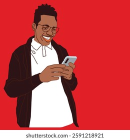 An excited young man going through his phone calls