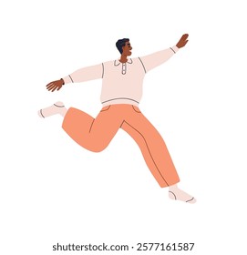 Excited young man jumping. Happy smiling carefree male character in active pose, flying movement in air, joy and fun, positive free energy. Flat vector illustration isolated on white background