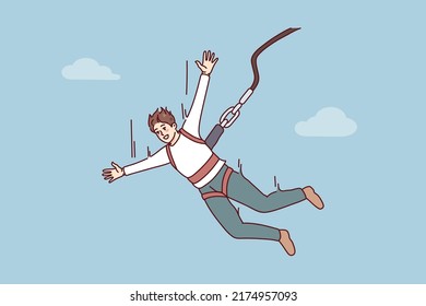 Excited young man jumping with parachute. Smiling guy enjoy extreme sport with rope jumping. Vector illustration. 