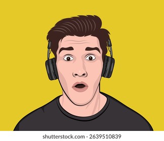 Excited young man listening to music with headphones