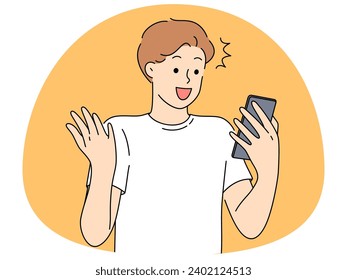 Excited young man look at cellphone screen shocked by good news online. Happy guy surprised by amazing unexpected offer on smartphone. Vector illustration.