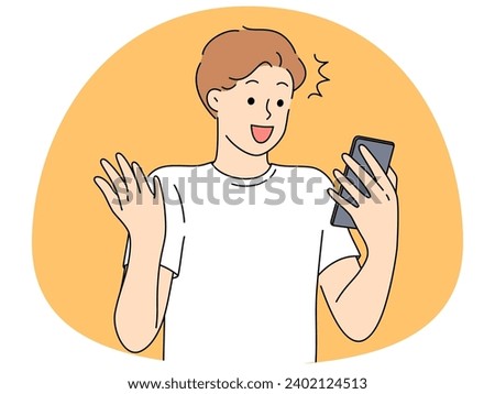 Excited young man look at cellphone screen shocked by good news online. Happy guy surprised by amazing unexpected offer on smartphone. Vector illustration.