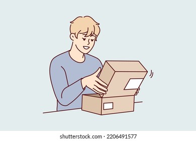 Excited young man open cardboard box shopping online. Smiling male client or customer unpack post parcel ordering goods on internet. Vector illustration.