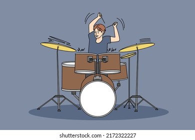 Excited young man playing on drums set. Happy male drummer or musician with sticks ad cymbals. Hobby and music entertainment concept. Vector illustration. 