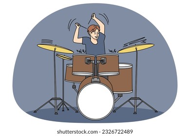 Excited young man playing on drums set. Happy male drummer or musician with sticks ad cymbals. Hobby and music entertainment concept. Vector illustration.