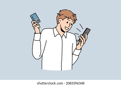 Excited young man shopping online on smartphone with credit or debit card. Smiling guy make purchase pay bills on internet on cellphone using web banking app. Flat vector illustration.