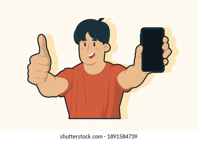 Excited young man showing display of mobile phone concept for banner, poster, website, etc.