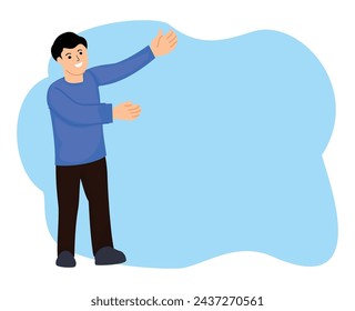 excited young man showing hands fingers direct up empty space