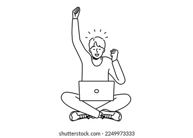 Excited young man use laptop triumph with good news or message online. Happy guy feel emotional celebrate success or promotion. Vector illustration. 