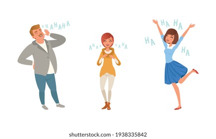 Excited Young Man and Women Laughing out Loudly Set, Happy People Bursting with Laughter Cartoon Vector Illustration