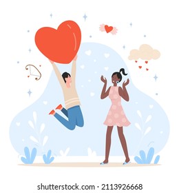 Excited young people holding a valentine day heart. Relationship love feeling and cuddles celebrating holiday flat vector illustration