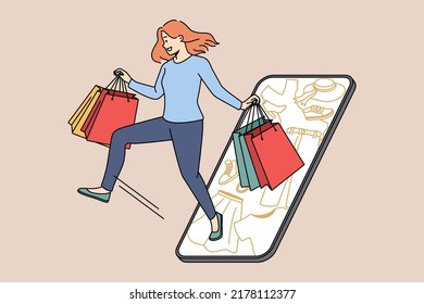 Excited young woman with bags shopping online on smartphone on seasonal sales. Smiling girl have fun buying on internet on cellphone. Consumerism. Vector illustration.