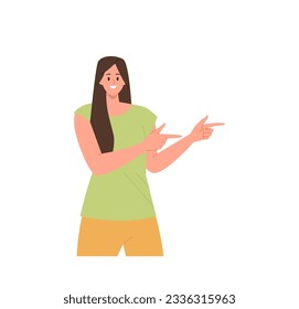 Excited young woman cartoon character showing pointing forefinger aside standing isolated on white