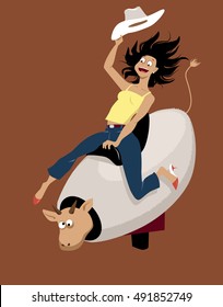 Excited young woman with a cowboy hat riding a mechanical bull, EPS 8 vector illustration