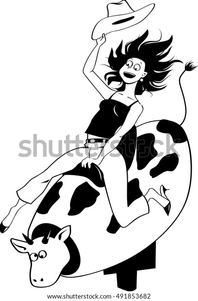 Excited young\
woman with a cowboy hat riding a mechanical bull, EPS 8 vector\
black line art, no white\
objects