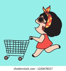 Excited Young Woman Expressing Positivity While Holding Shopping Cart. Concept Of Shopaholic Card Character illustration