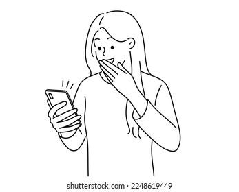 Excited young woman look at cellphone screen feel overjoyed with good news online. Happy girl shocked with message on smartphone. Vector illustration. 