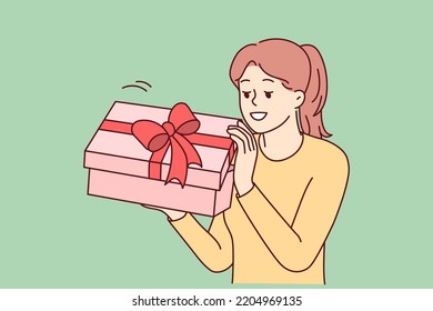 Excited young woman open wrapped present celebrating birthday. Smiling girl unpack gift box with bow. Celebration and party. Vector illustration.