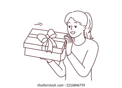 Excited Young Woman Open Wrapped Present Celebrating Birthday. Smiling Girl Unpack Gift Box With Bow. Celebration And Party. Vector Illustration.