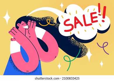 Excited young woman overjoyed triumph with online seasonal sales or promotion. Happy girl feel euphoric buying shopping in mall or store. Winter discount or deals. Flat vector illustration. 