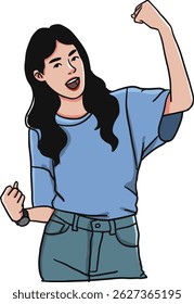 Excited Young Woman Showing Victory Sign with a Big Smile