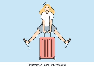 Excited young woman with suitcase feeling joyful with summer vacation. Smiling girl ready for summertime holidays. Vector illustration. 