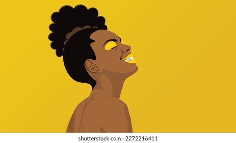 Excitement black woman Fashion Model profile portrait . Satisfied Brunette young woman with Curly hair style, creative yellow make up, lips and eyeshadows on colorful background. Flat vector graphic.