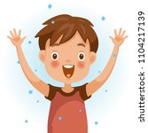 Excitement boy. One person in red shirt raising hands. The face is smiling and open with a very excited mood. Feeling very happy children. Vector illustration isolated white background.