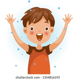 Excitement boy. One person in red shirt raising hands. The face is smiling and open with a very excited mood. Feeling very happy children. Vector illustration isolated white background.