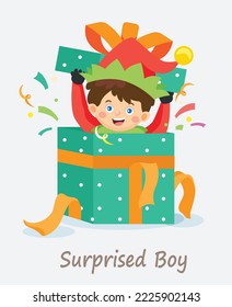Excitement boy. One person in red shirt raising hands. The face is smiling and open with a very excited mood. Feeling very happy children. Vector illustration isolated white background.