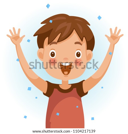 Excitement boy. One person in red shirt raising hands. The face is smiling and open with a very excited mood. Feeling very happy children. Vector illustration isolated white background.