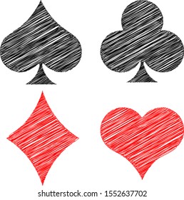 
Excitement, casino, entertainment. Four suits from playing cards. Standard. White background.
