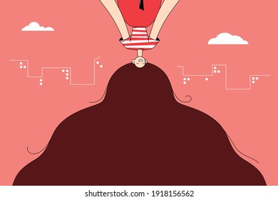 Excitement, cheerful and positive emotions concept. Beautiful girl with long blue hair cartoon character hanging upside down and feeling positive over blue background vector illustration