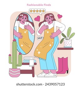 Excitement in eco-fashion. A joyful shopper tries on a chic find at a secondhand store, reflecting the thrill of sustainable style discoveries. Mirror of modern thrifting. Vector illustration.