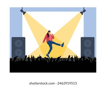 Excitement of female solo singer concert at city hall building, vector illustration.