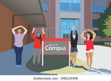 Excitement female student when returning to campus with pictures together in front of the campus and board with letters word of Return to Campus