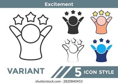 Excitement icon representing enthusiasm, joyful anticipation, celebration, motivation, achievements, and positive energy. Line, Filled, Color, Hand drawn style.