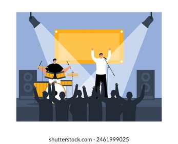 The excitement of a pop band concert at a performance hall, vector illustration.