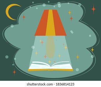 An exciting activity is reading book. An open book, table lamp, fabulous clouds, moon and stars are shining. Vector illustration in trendy flat style for design in social networks, children's albums.