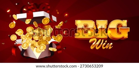 Exciting Big Win banner with golden coins exploding from a gift box, ideal for promotions and gambling success. Vector illustration