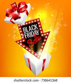 An exciting Black Friday Sale arrow sign exploding out of a gift box with a red ribbon bow design
