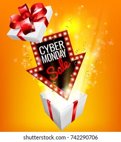 Ein aufregendes Cyber Monday Sale-Pfeilzeichen, das aus einer Geschenkbox mit rotem Bandbogendesign explodiert