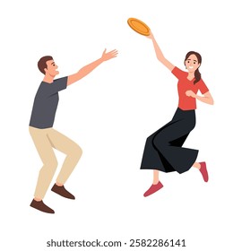 Exciting Frisbee Game in Action. Couple engage in a lively game of frisbee. Flat vector illustration isolated on white background