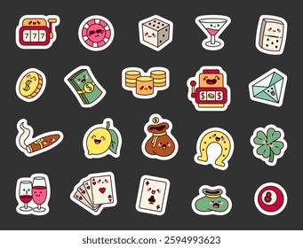 Exciting gambling casino set with slot machine, poker chip, dice, playing cards, lucky coin, money bag, and more for jackpot winnings and fortune bets, for yours creative projects